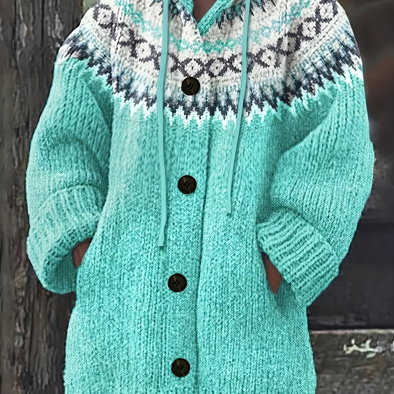 Plus o'lchamli ayollar uchun geometrik naqshli kapüşonli kardigan uzun qolli qishki kurtka, cho'ntaklar bilan