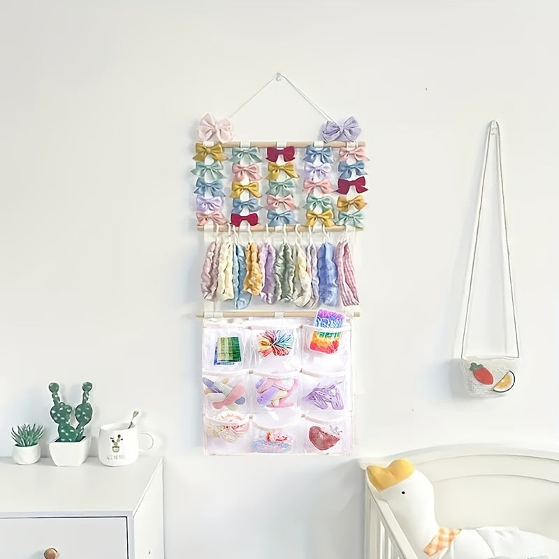 Hair Accessory Organizer with 10 Hooks and Hanging Display Pocket for Jewelry Storage