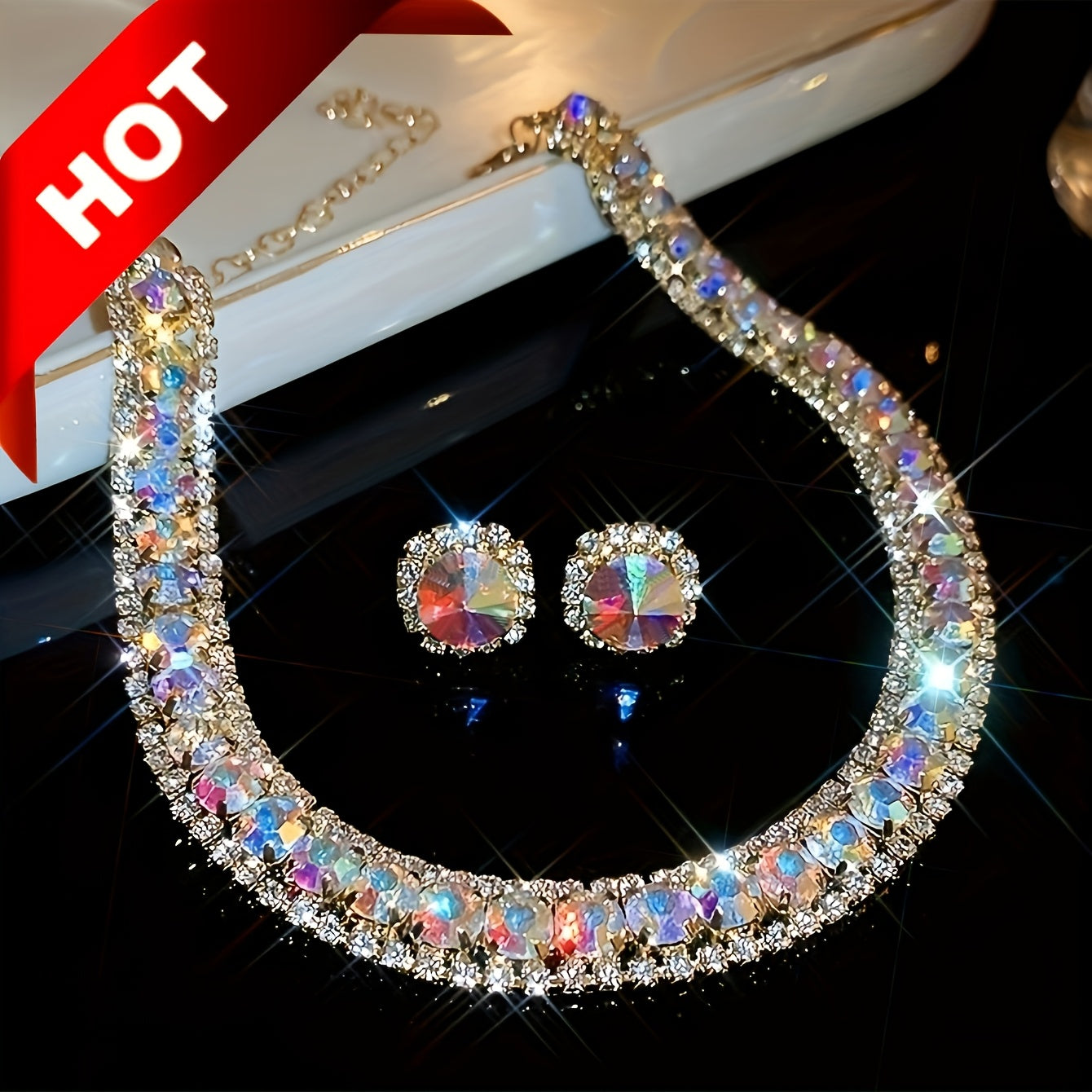 Emerald Crystal Jewelry Set for Women Necklace and Earrings Silver Plated Party Everyday