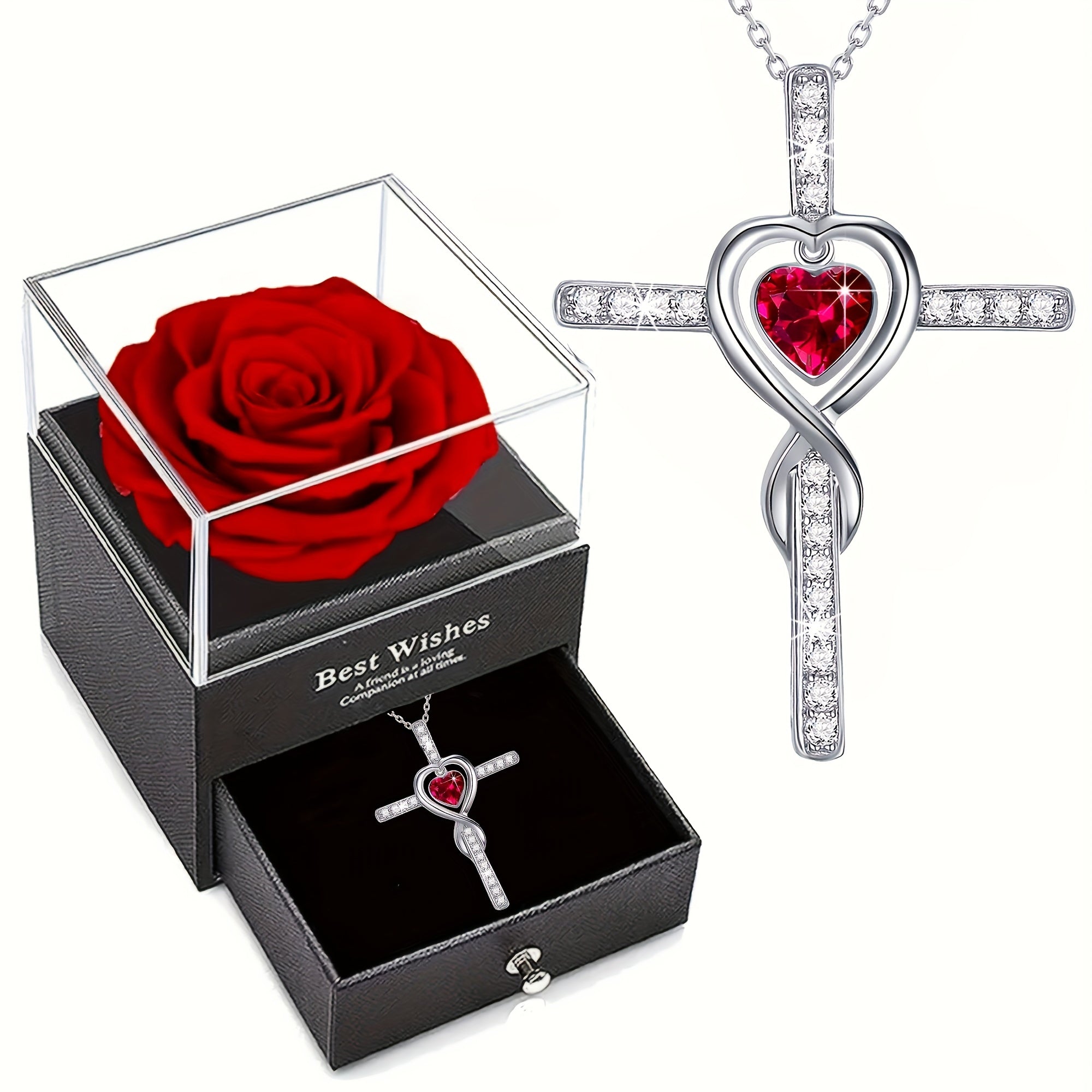 Heart-Shaped Cross Pendant Necklace Silver-Plated Copper Cubic Zirconia Gift for Women