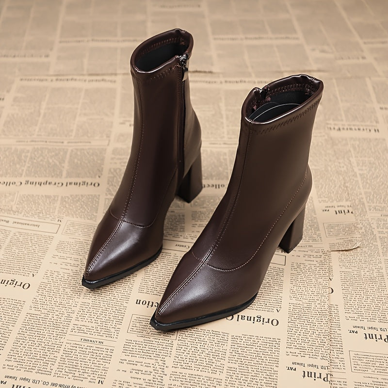 Women's Faux Leather Ankle Boots With Pointed Toe & Block Heel