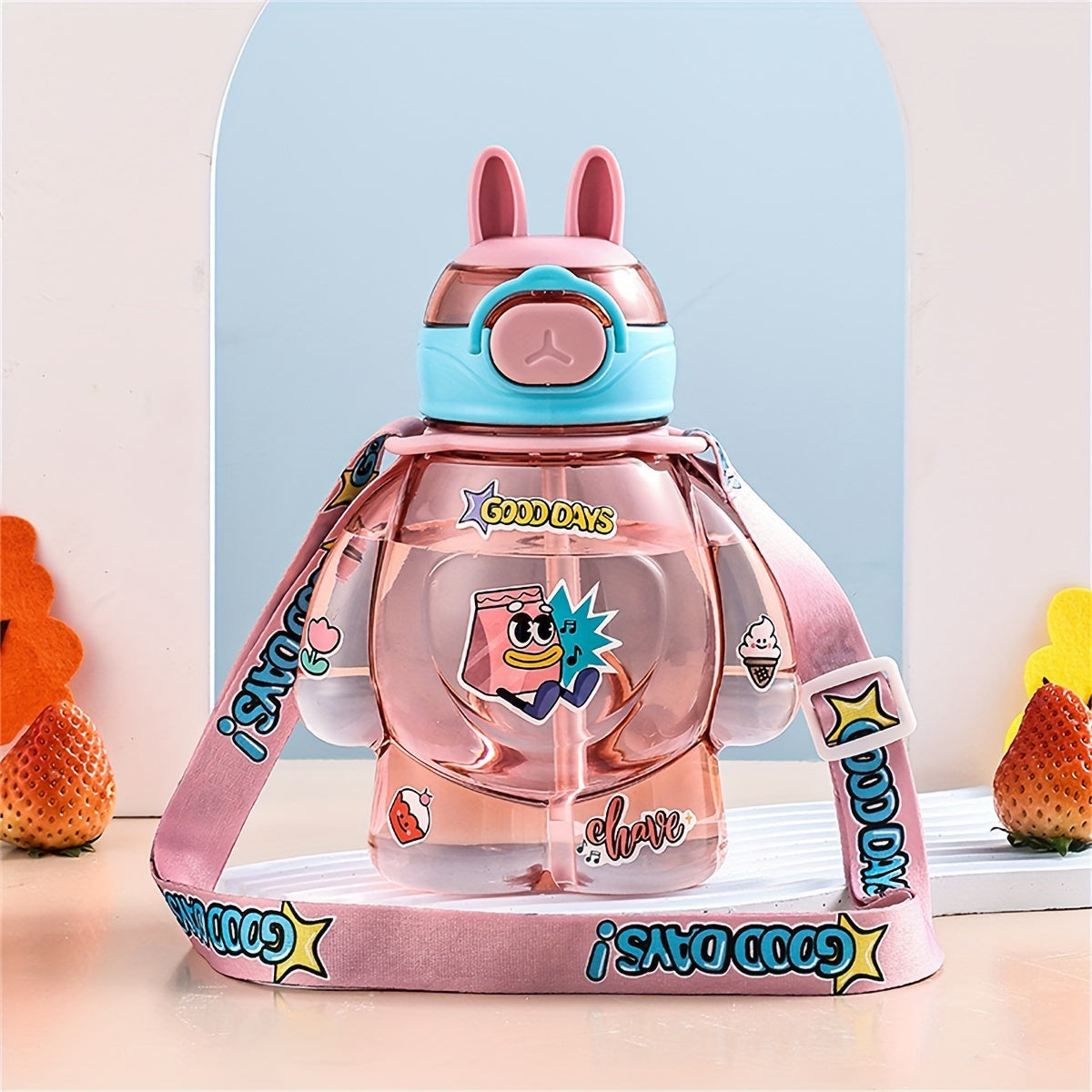 650 мл пластиковая многоразовая бутылка для воды с крышкой-кнопкой, мультяшный аниме-ремень, портативная, милая