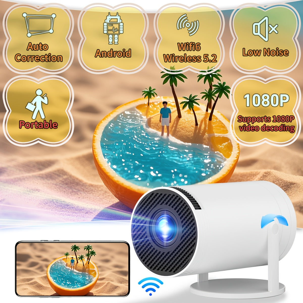Mini Projector with WiFi 6 and 1080P Video Encoding for Home Theater