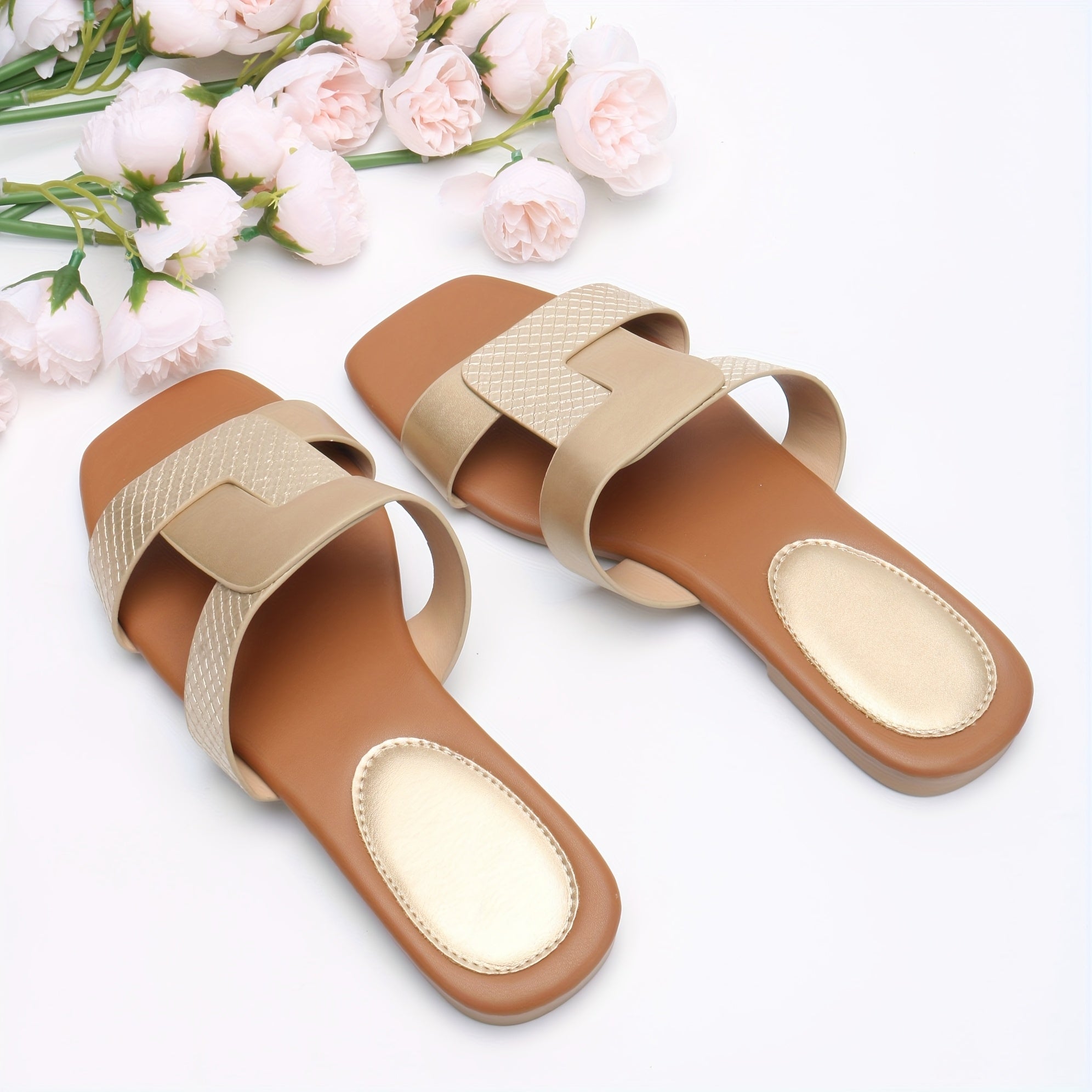 Women's Beige Summer Open-Toe Slip-On Mules with Ankle Strap