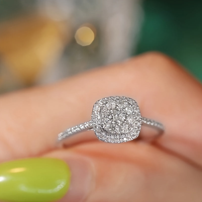 Women's Silver Geometric Square Ring with Zirconia Inlay