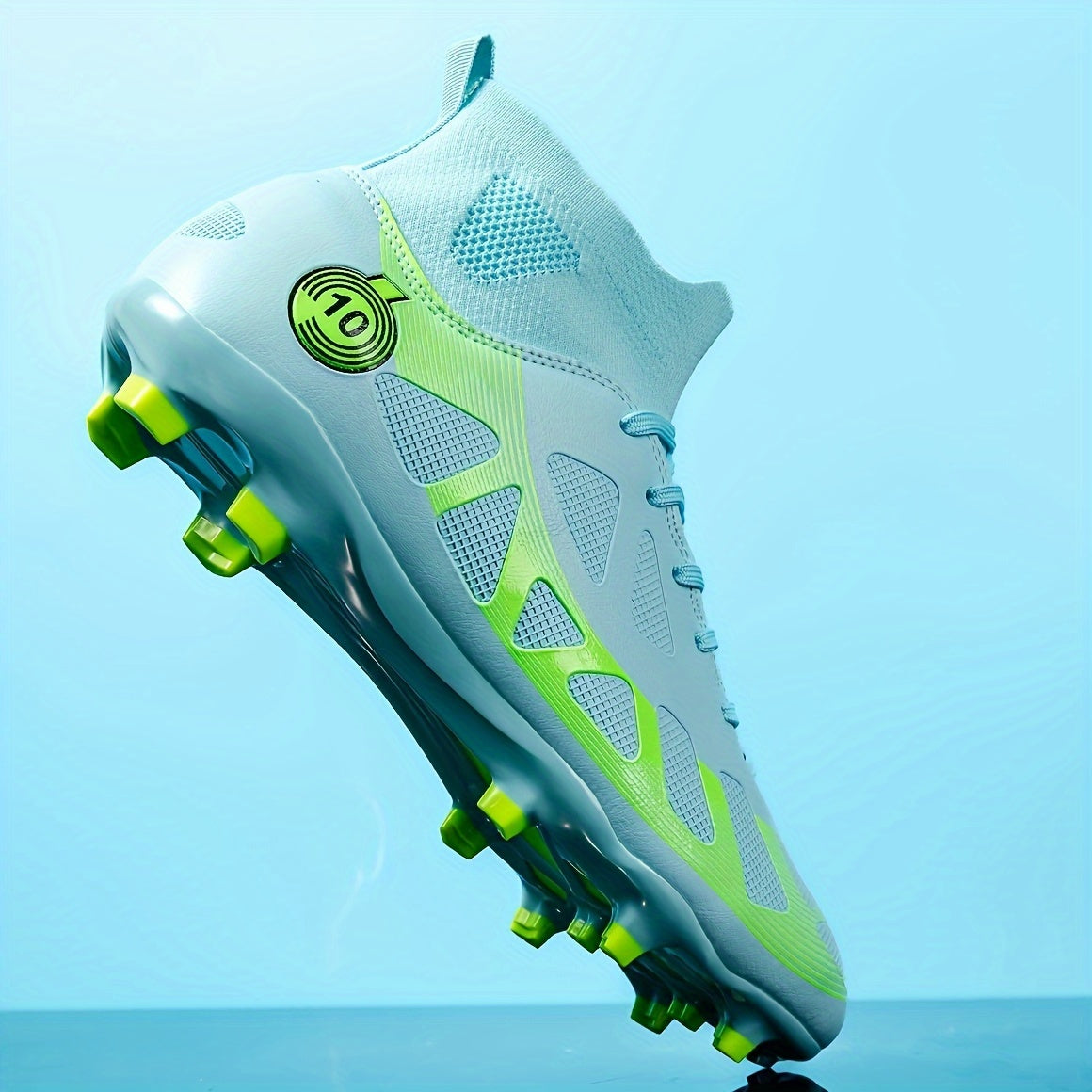 Men's White and Teal High-Top Soccer Cleats with Long Studs for Outdoor Training and Matches