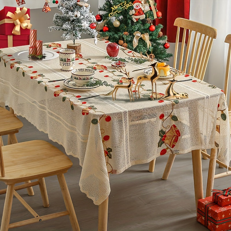 Red Bell Floral Tablecloth for Christmas Dining Polyester Square Woven