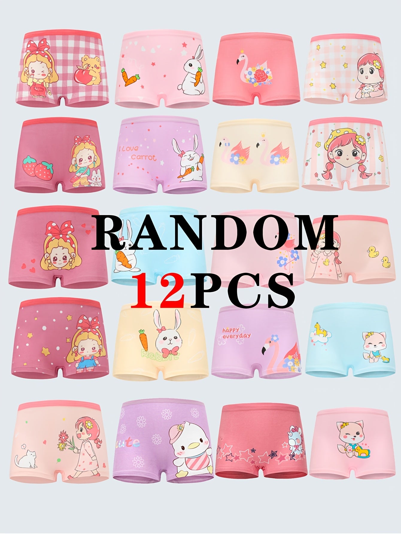 Girls Cotton Boxer Briefs with Cartoon Print Pack of 12 Breathable Comfortable