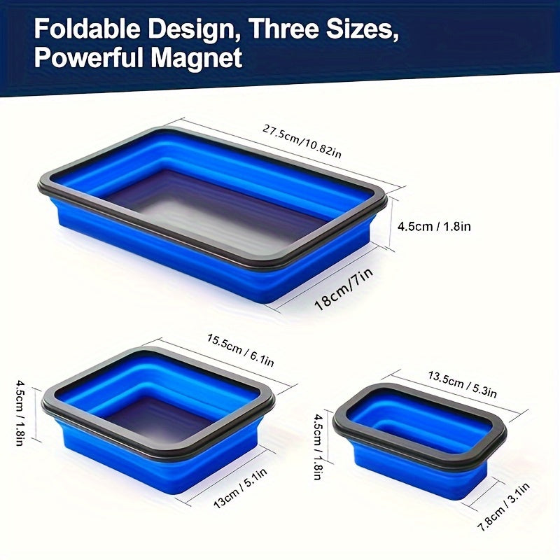 3Pc Magnetic Collapsible Parts Tray Set Silicone Tool Store Organizer