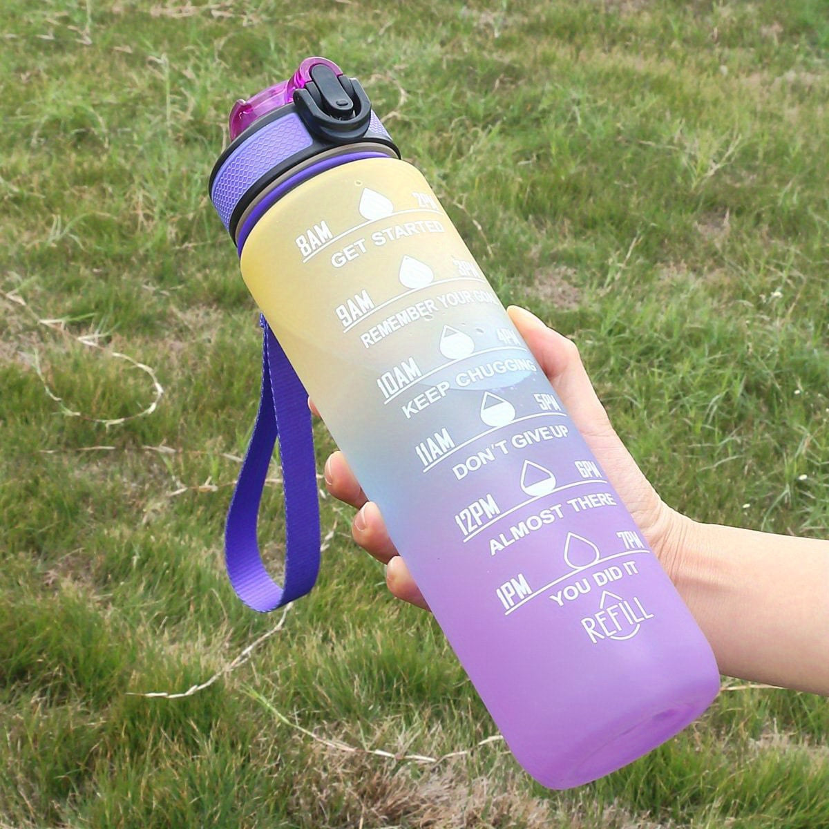 Botella de agua de 32oz con marcador de tiempo para hidratación y fitness