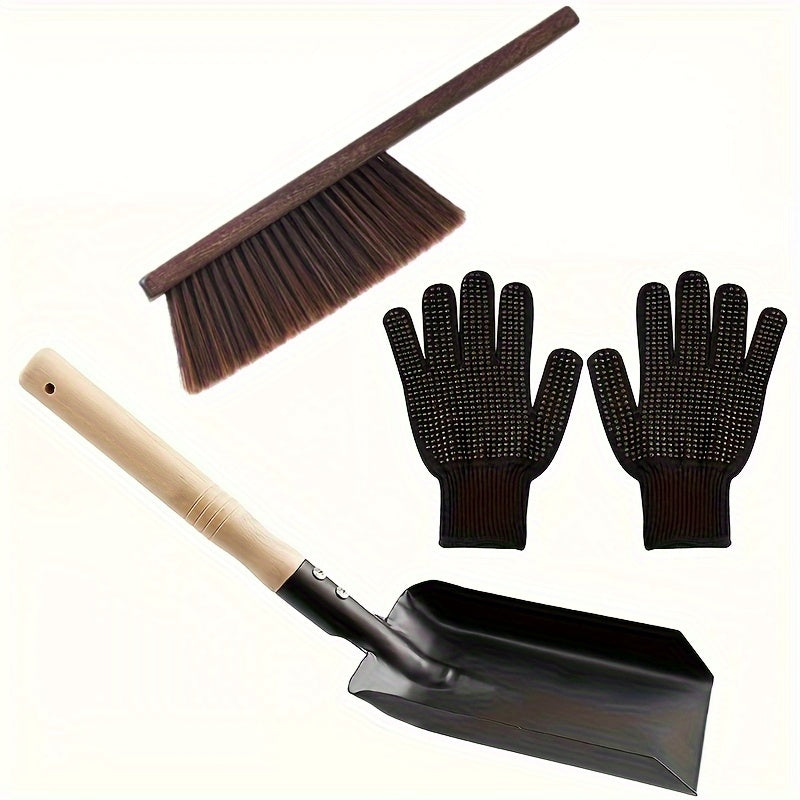 Fireplace Cleaning Kit with Metal Ash Shovel Brush Gloves 5 Pieces
