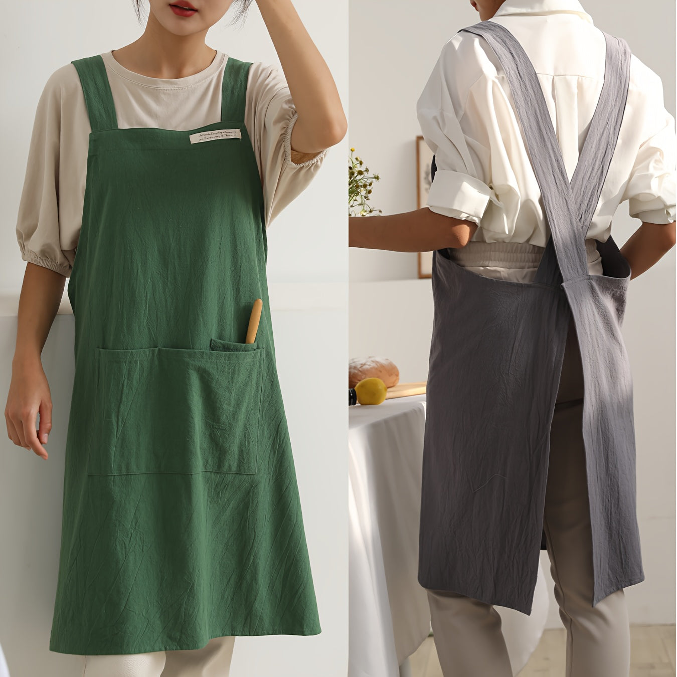 Linen Apron with Cross Straps and Pockets for Gardening Cooking Baking Painting