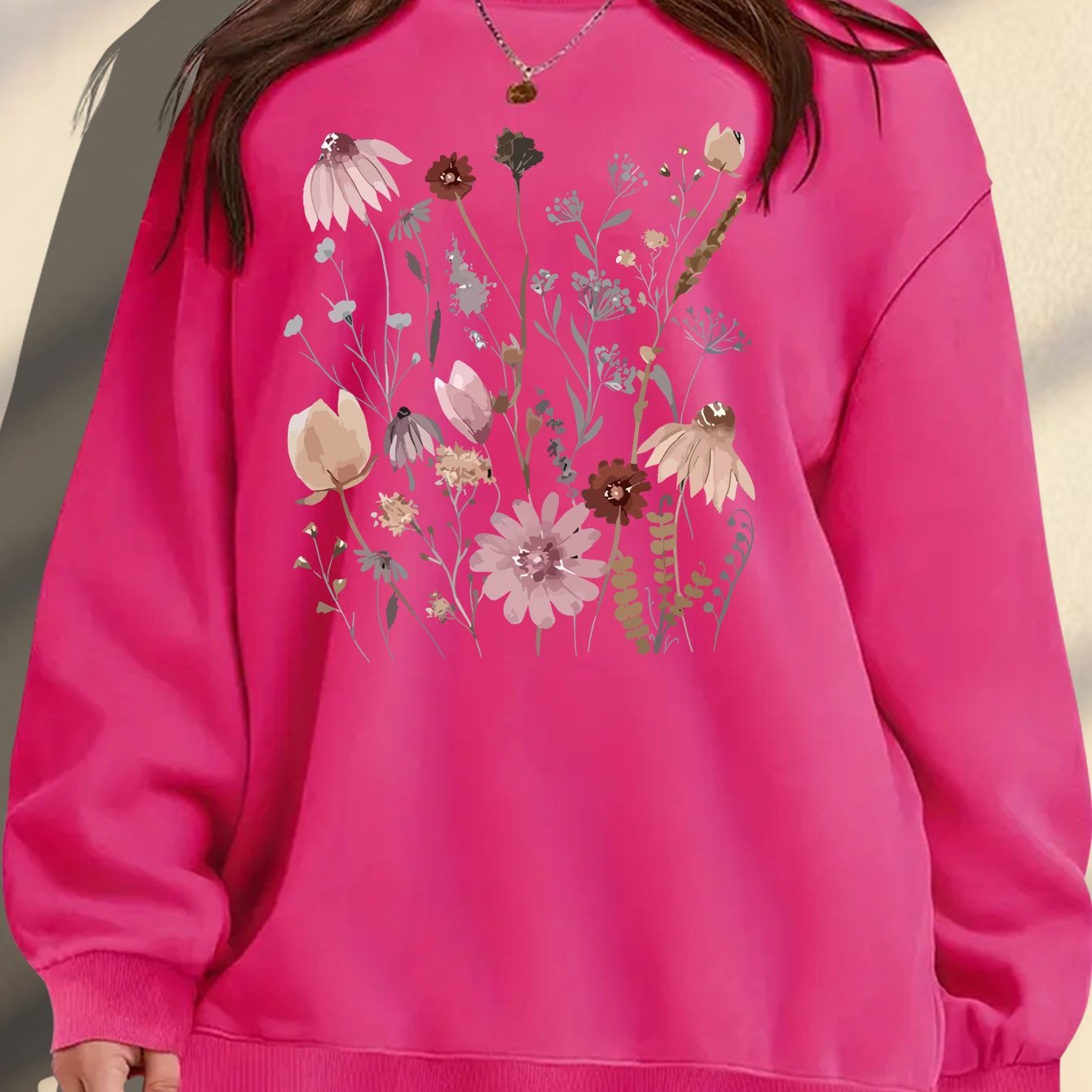 Women's Plus Size Floral Print Sweatshirt Cozy Maroon Pullover Autumn Wear