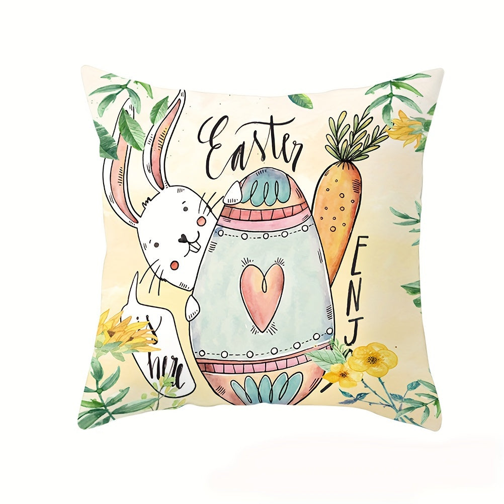Easter Bunny and Eggs Pillow Cover Square 44cm Stain-Resistant Polyester Hidden Zipper Decor