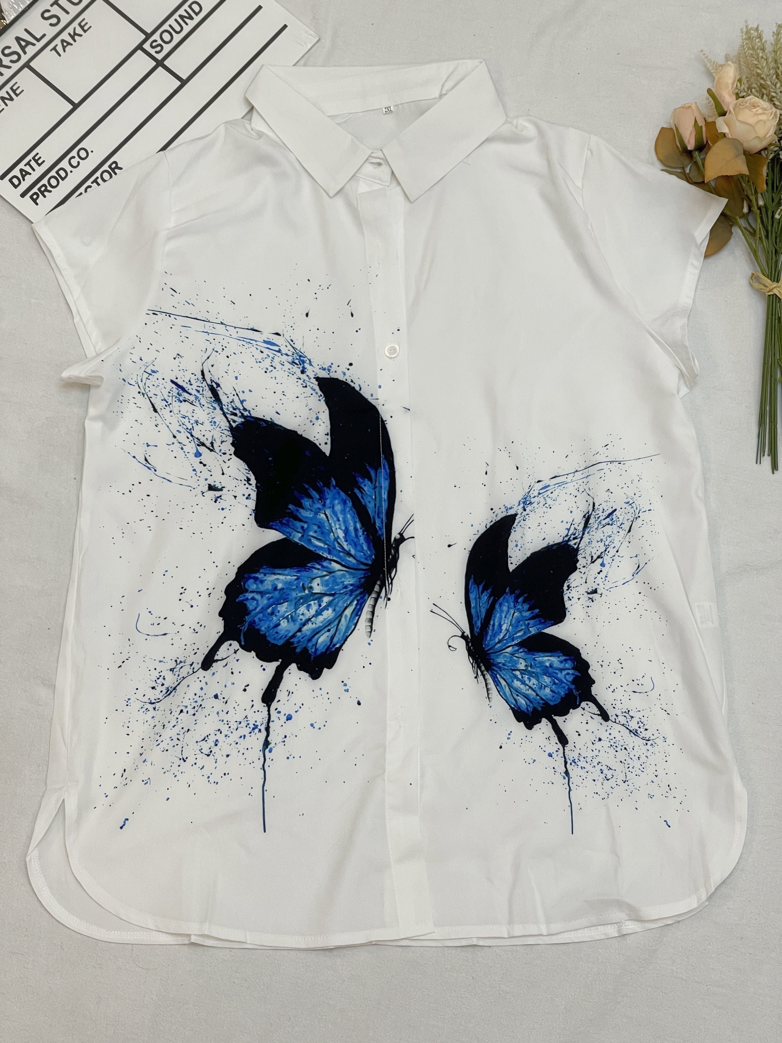 Plus Size Casual Blouse Women's Butterfly Print Button Up Cap Sleeve