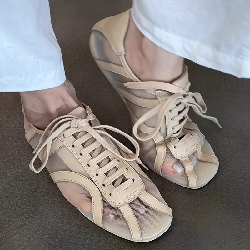 Women's Breathable Lace-Up Ballet Flats Almond Toe Casual Shoes Black