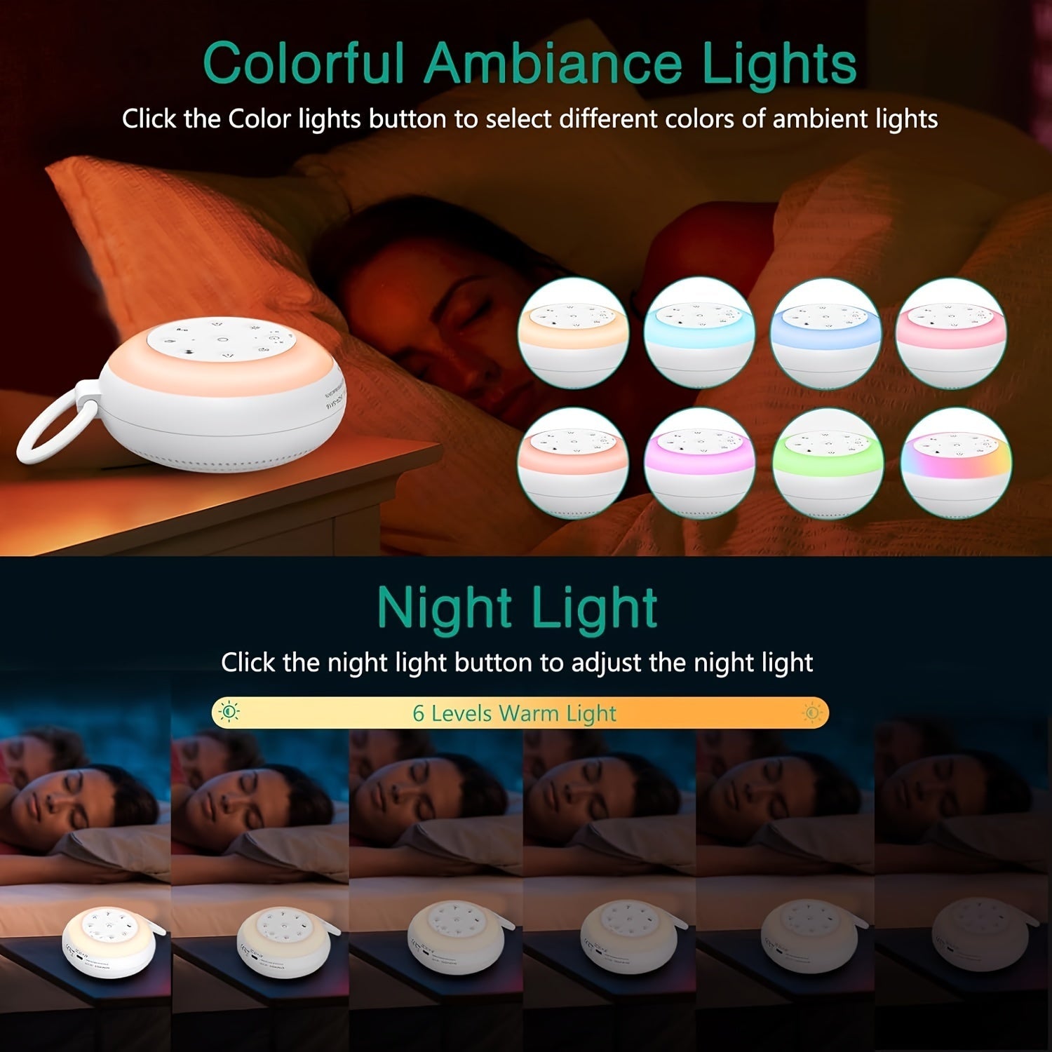 "White Noise Sound Machine SA18 24 ta tinchlantiruvchi ovoz, sozlanadigan tun yorug'ligi va qulay sayohat tutqichi bilan ta'minlangan - dam olish va bolalar uchun mukammal."