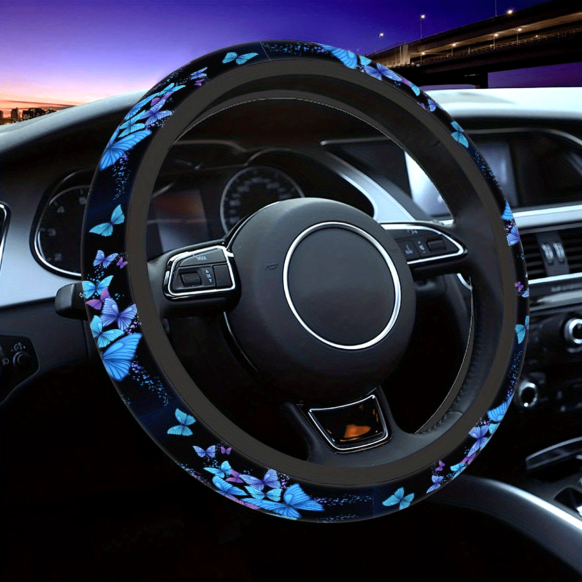 Черная бабочка с принтом, покрытие на руль из полиэстера для автомобилей