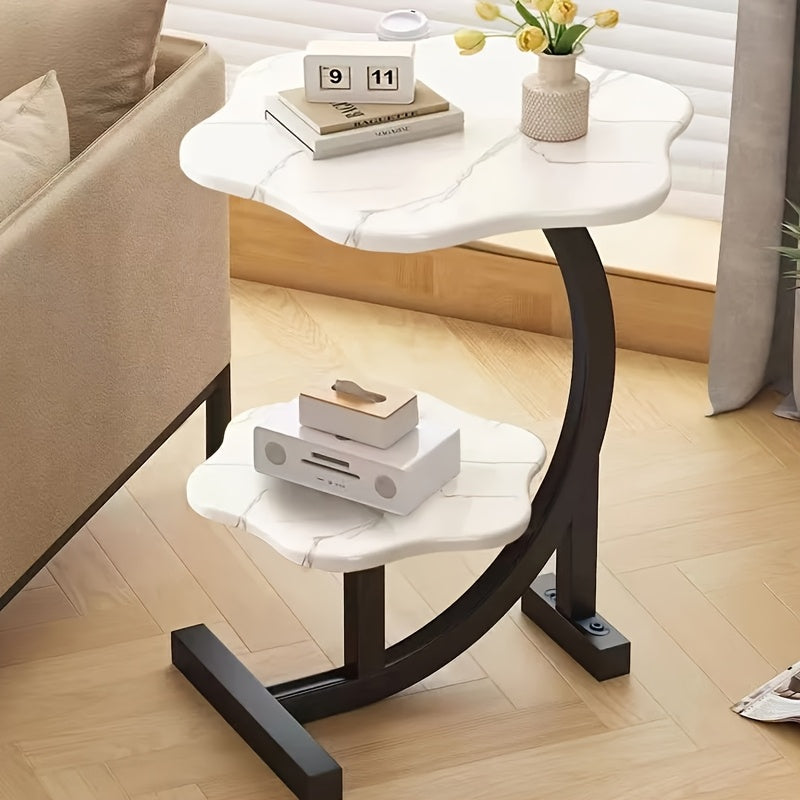 Mesa lateral en forma de pétalo de madera y metal, estilo art déco, doble capa, para sala de estar y dormitorio