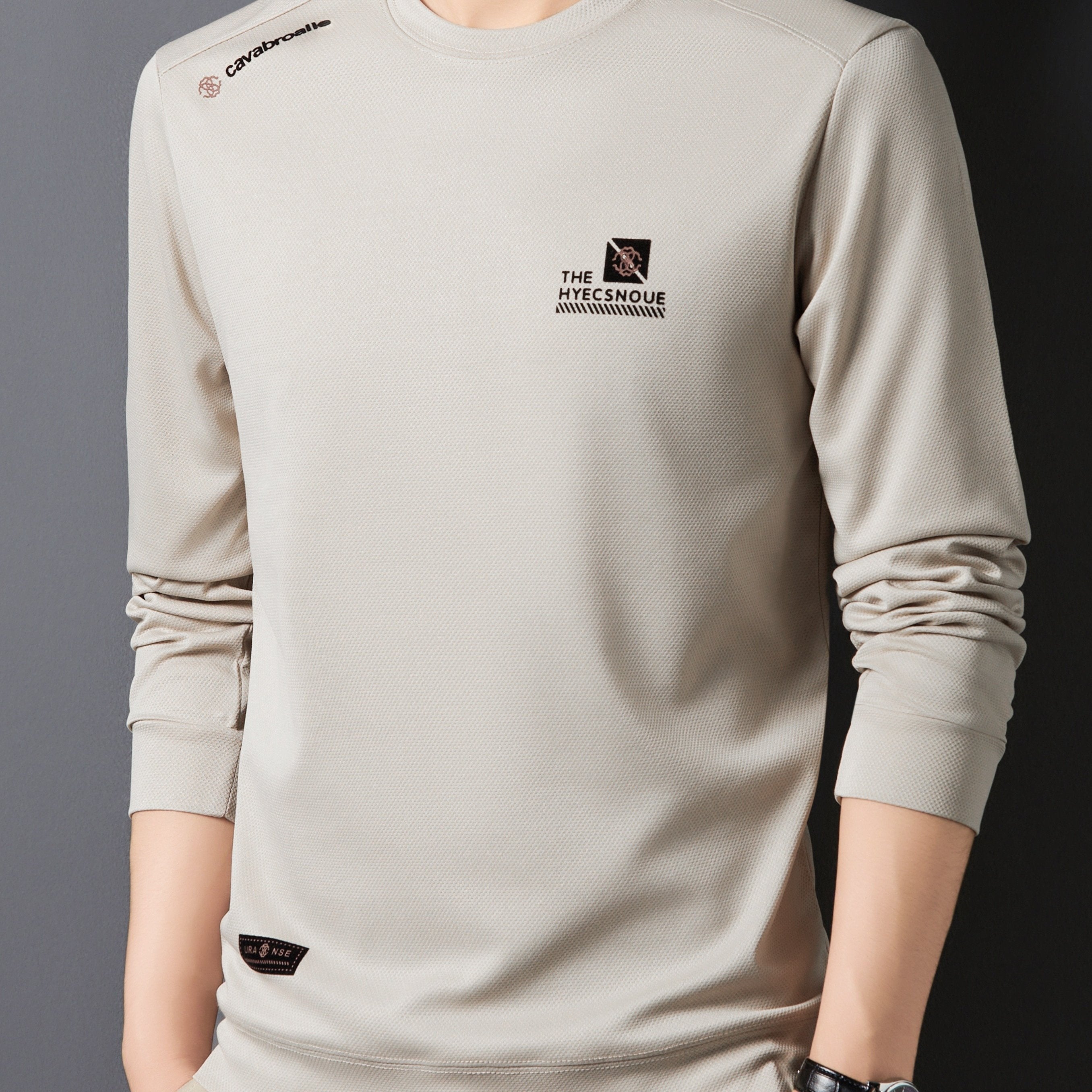 Men's Long Sleeve Crew Neck Sweatshirt with Chest Emblem Polyester Casual Autumn