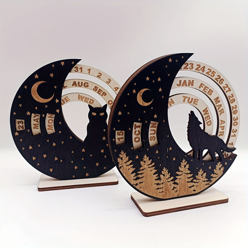 2023 Rustic Wooden Wall Calendar Wolf and Cat Design No Electricity Needed Holiday Decor