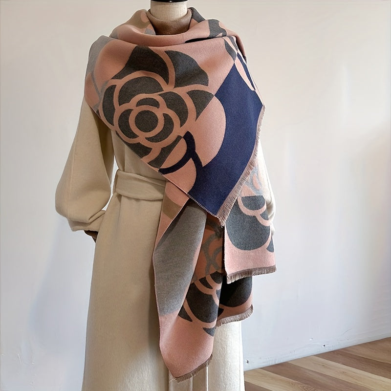 Women’s Camellia Jacquard Scarf Warm Thick Soft Imitation Cashmere Shawl Autumn Winter Fringe