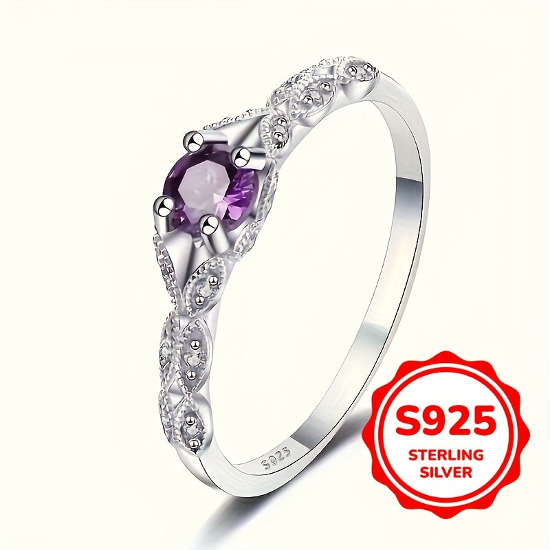 Sterling Silver Anniversary Ring with Synthetic Purple Gemstone and Zirconia for February Birthstone