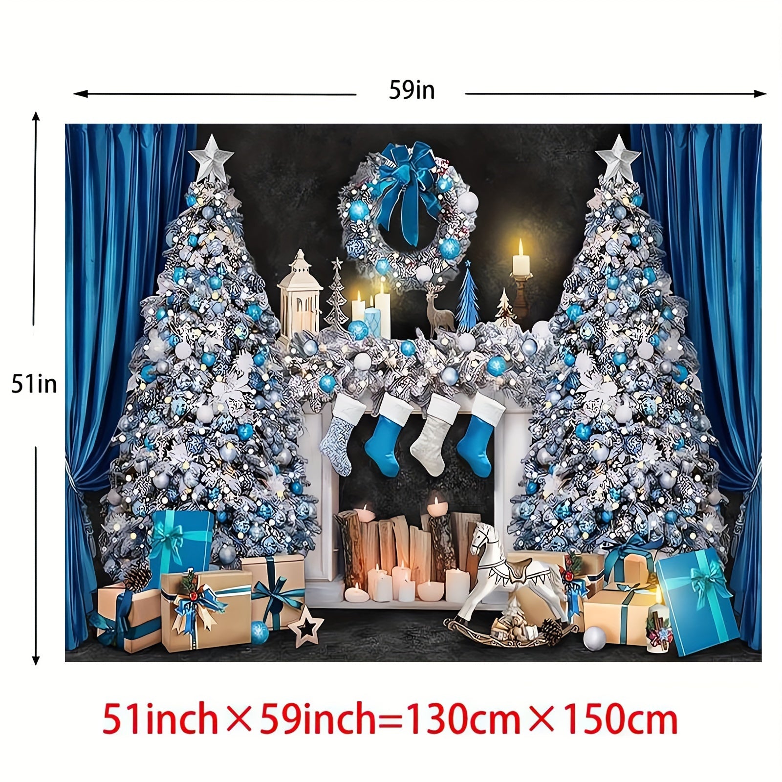 Blue and White Christmas Mantelpiece Scene with Presents and Tree for Holiday Decor