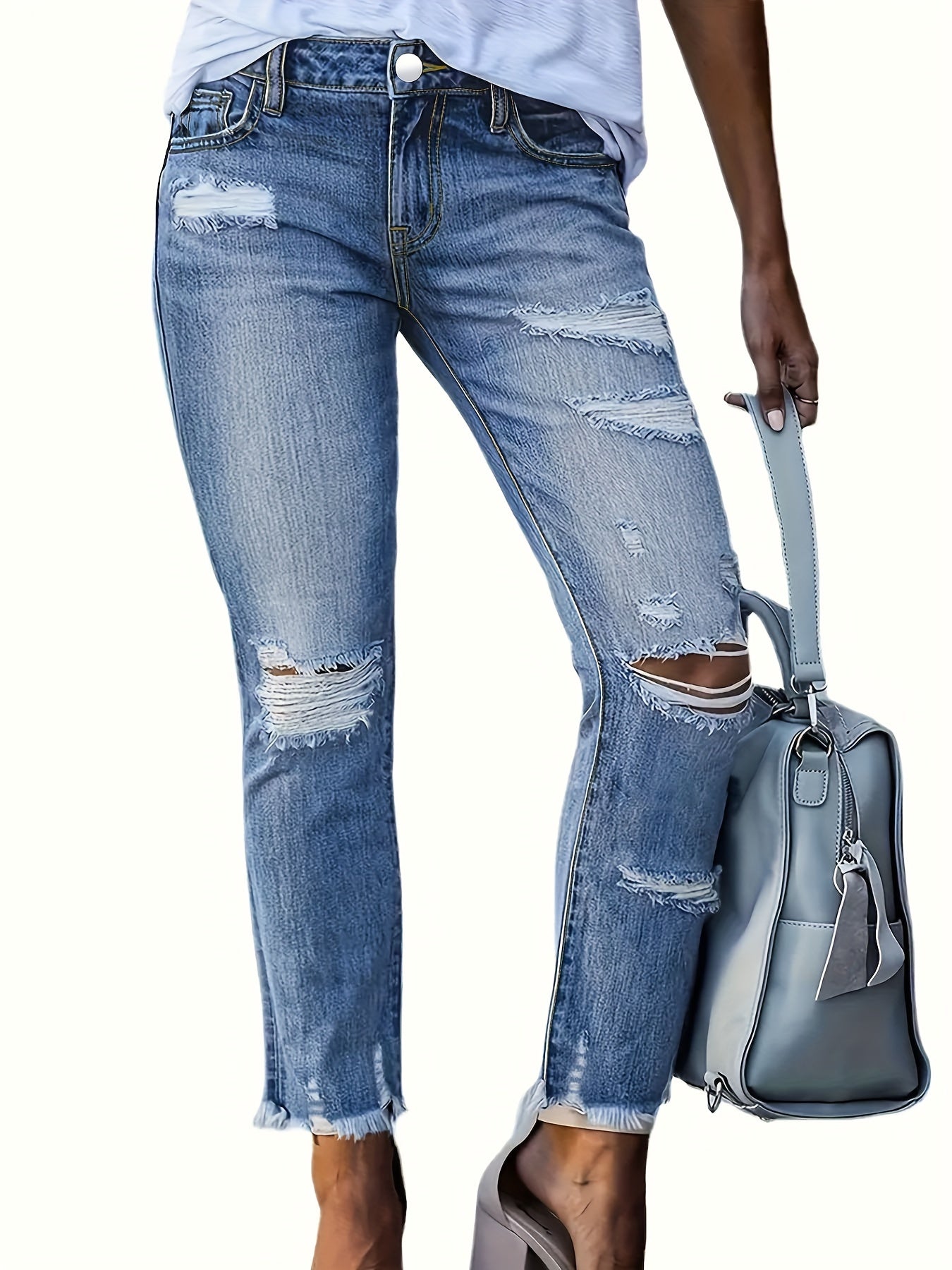 Женские рваные джинсы с необработанным краем и синие повседневные штаны