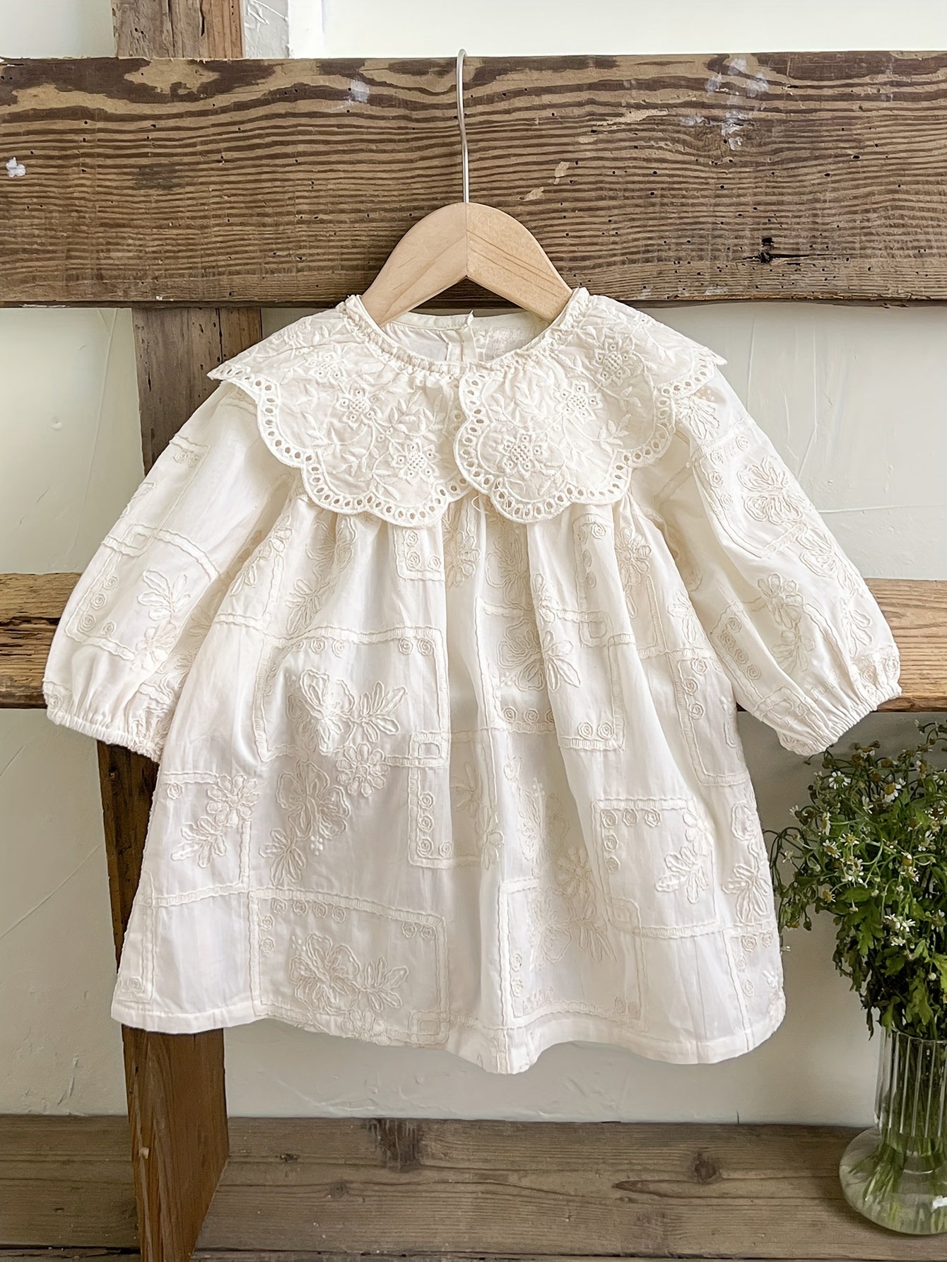 Baby Girl Dress Long Sleeve Cotton Floral Embroidery Fall Casual Midi