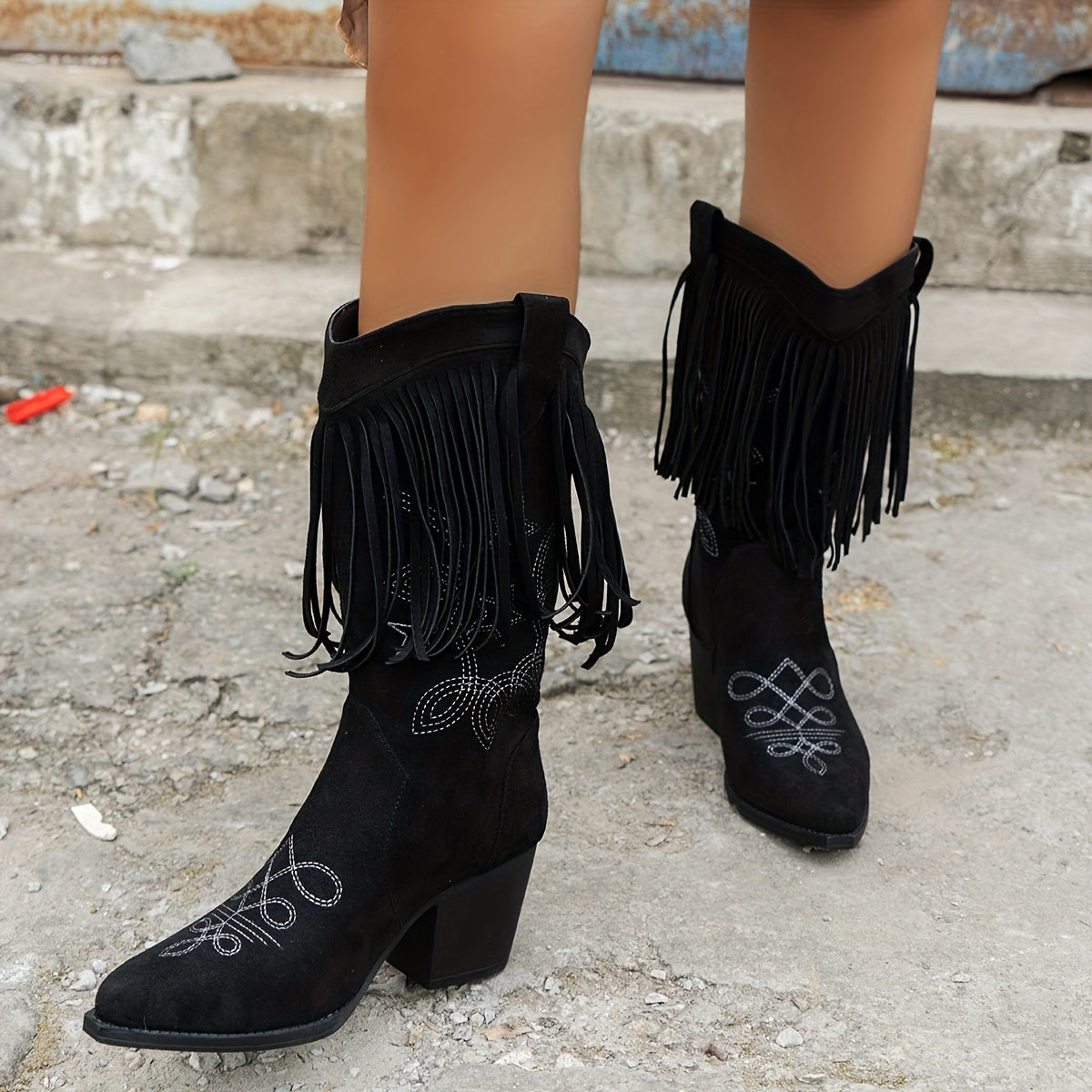 Women's Western Cowboy Boots with Fringe Butterfly Embroidery Pointed Toe