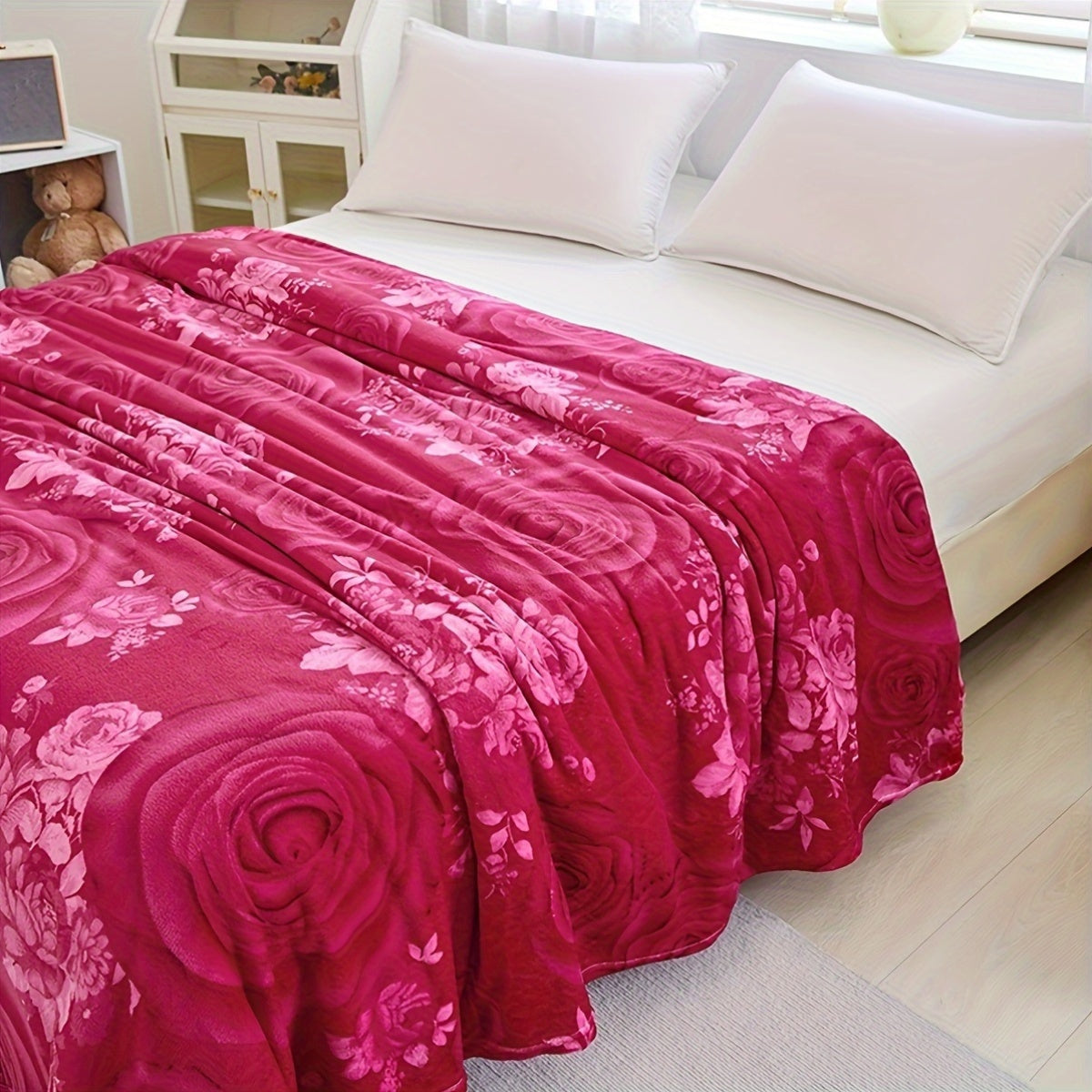 Warm Knitted Floral Blanket All-Season Polyester Bed Cover with Vibrant Pattern