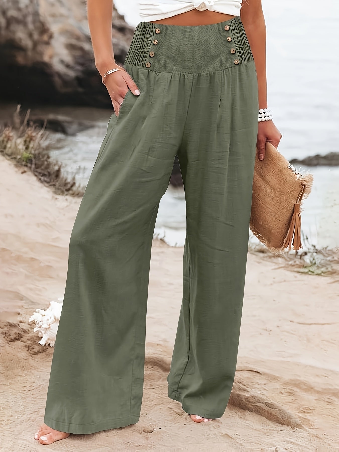 Plus Size Women's Wide-Leg Pants with Waistband Buttons Polyester Blend All-Season