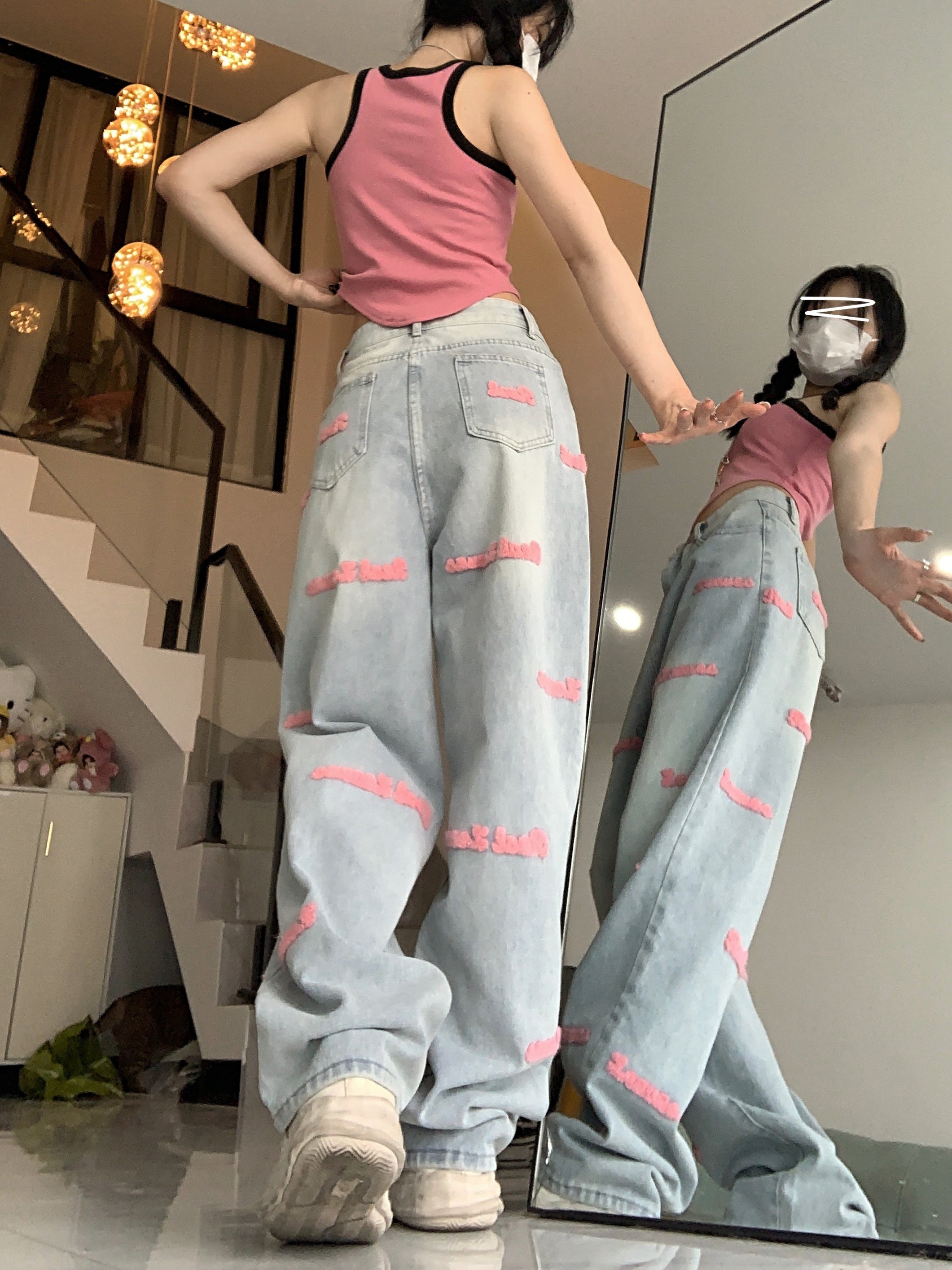 High-Waisted Embroidered Denim Jeans with Straight Leg and Button Fly Closure