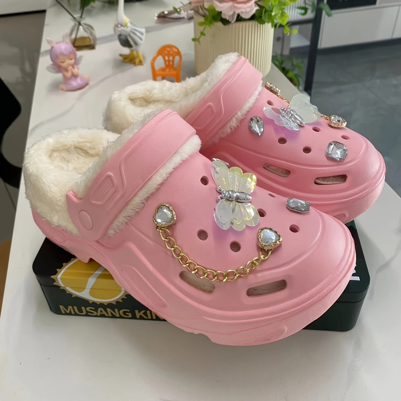 Women's Warm Plush Lined Shoes with Butterfly Heels and Bear Accessories