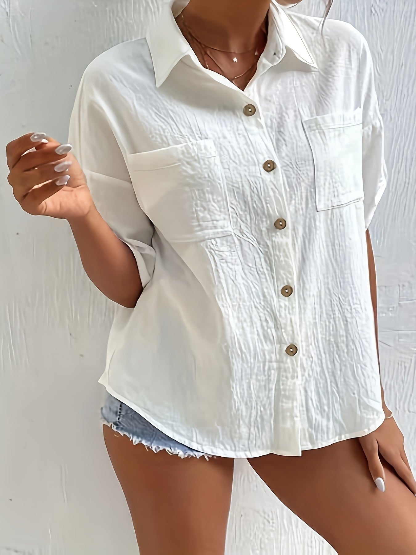 Plus Size Women's Casual Shirt Solid Color Short Sleeve Button-Up