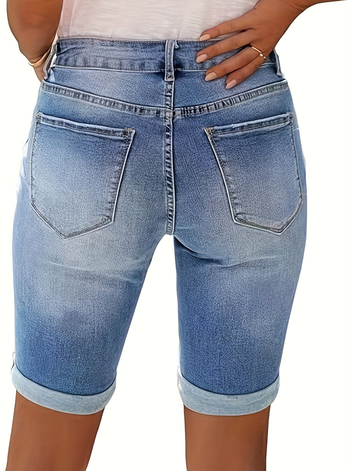 Plus-Size Women's Ripped Denim Shorts High Waist Light Blue Summer