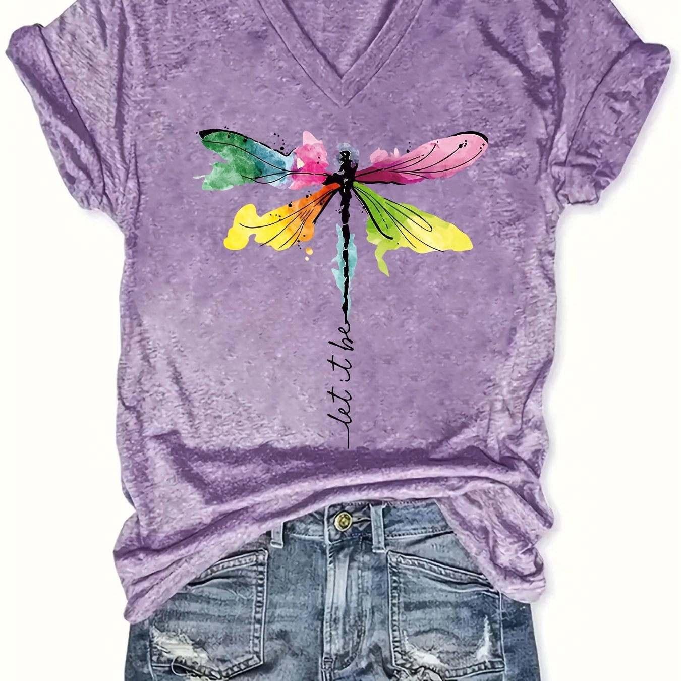 Women's V-Neck Short Sleeve T-Shirt with Vibrant Dragonfly Print Lightweight Casual Top