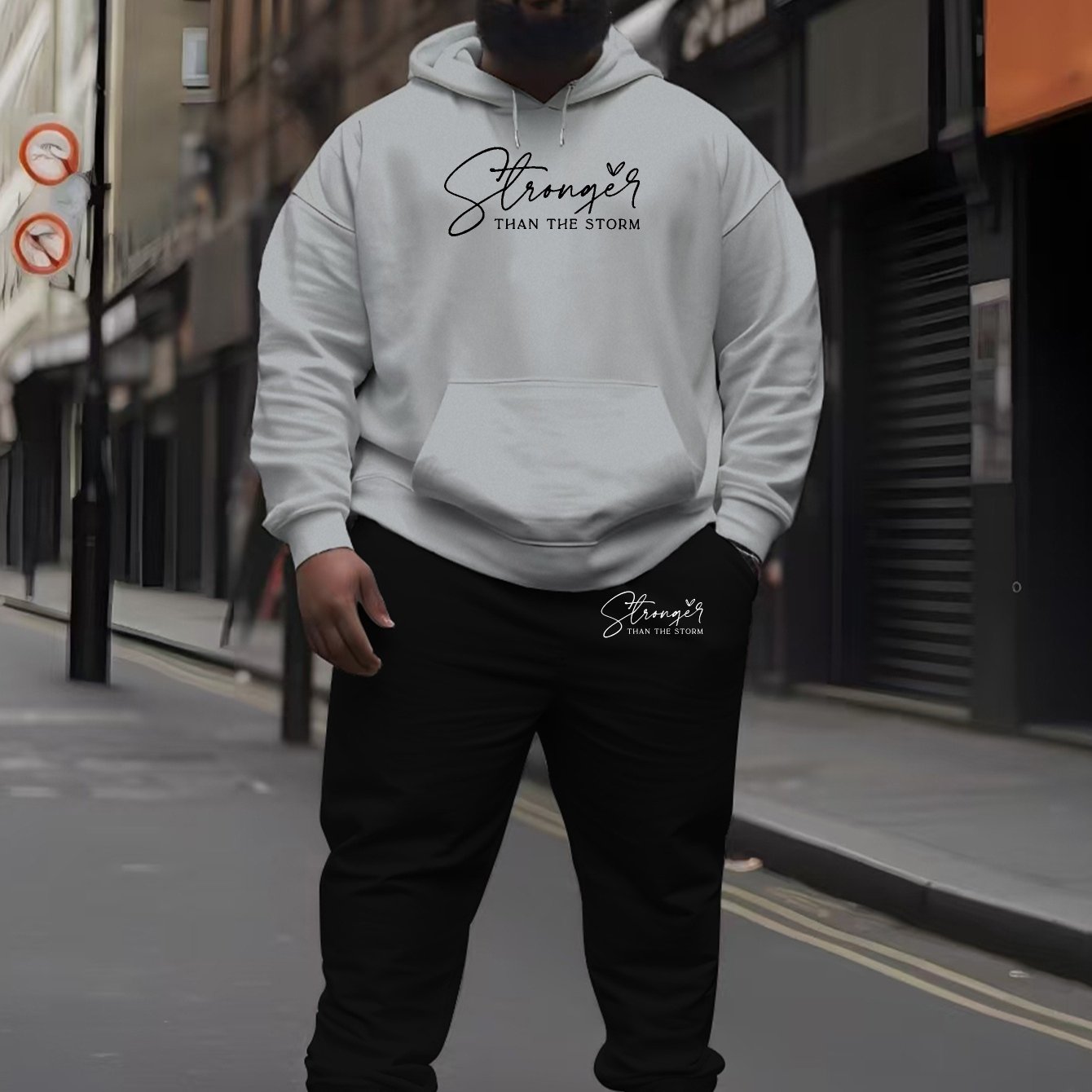 Men's Casual Hoodie Set with "Than The Storm" Print 100% Polyester Knit Fabric Regular Fit