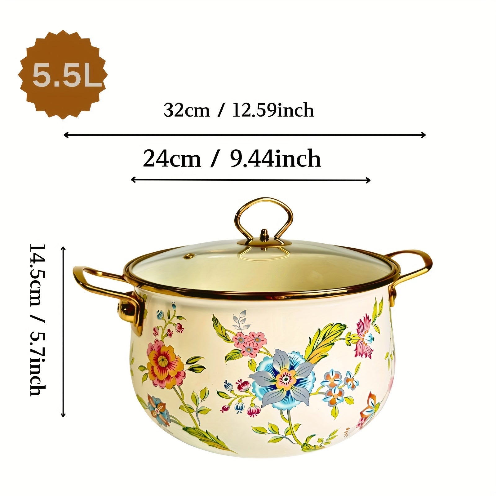 Enamel Double-Handled Soup Pot 5L Non-Stick Dishwasher Safe Floral Design