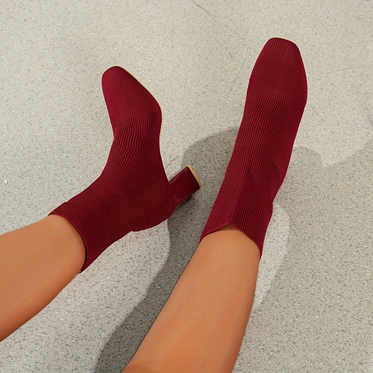 Women's Knitted Slip-On Boots with Chunky Heel and Point Toe