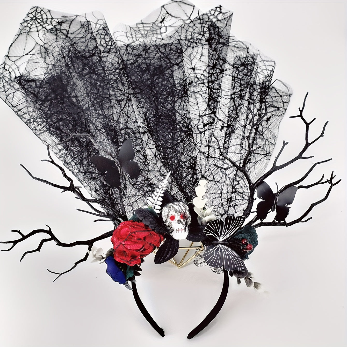 Qora farishta gul boshi bilan qargʻa tarmogʻi toʻqilgan qargʻa bosh kiyim Halloween kostyumlari uchun