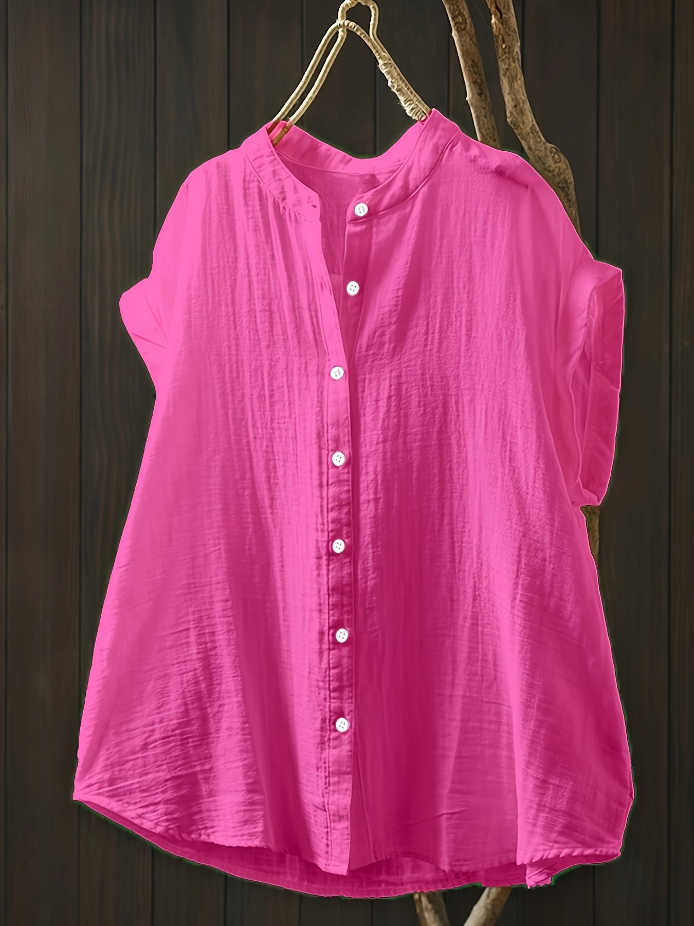 Camisa casual de mujer de talla grande de poliéster a rayas rosas de manga corta con botones