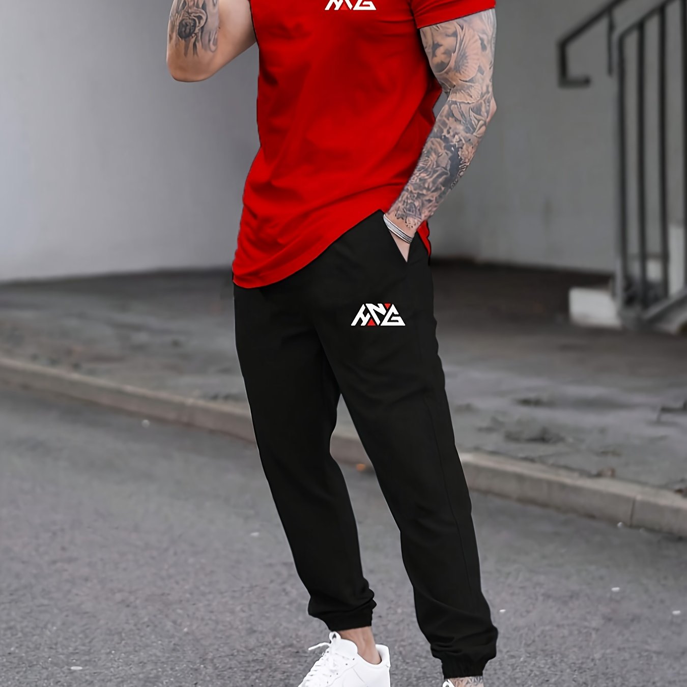 Men's Casual Summer T-Shirt and Joggers Set Polyester Stretchy Alphabet Print