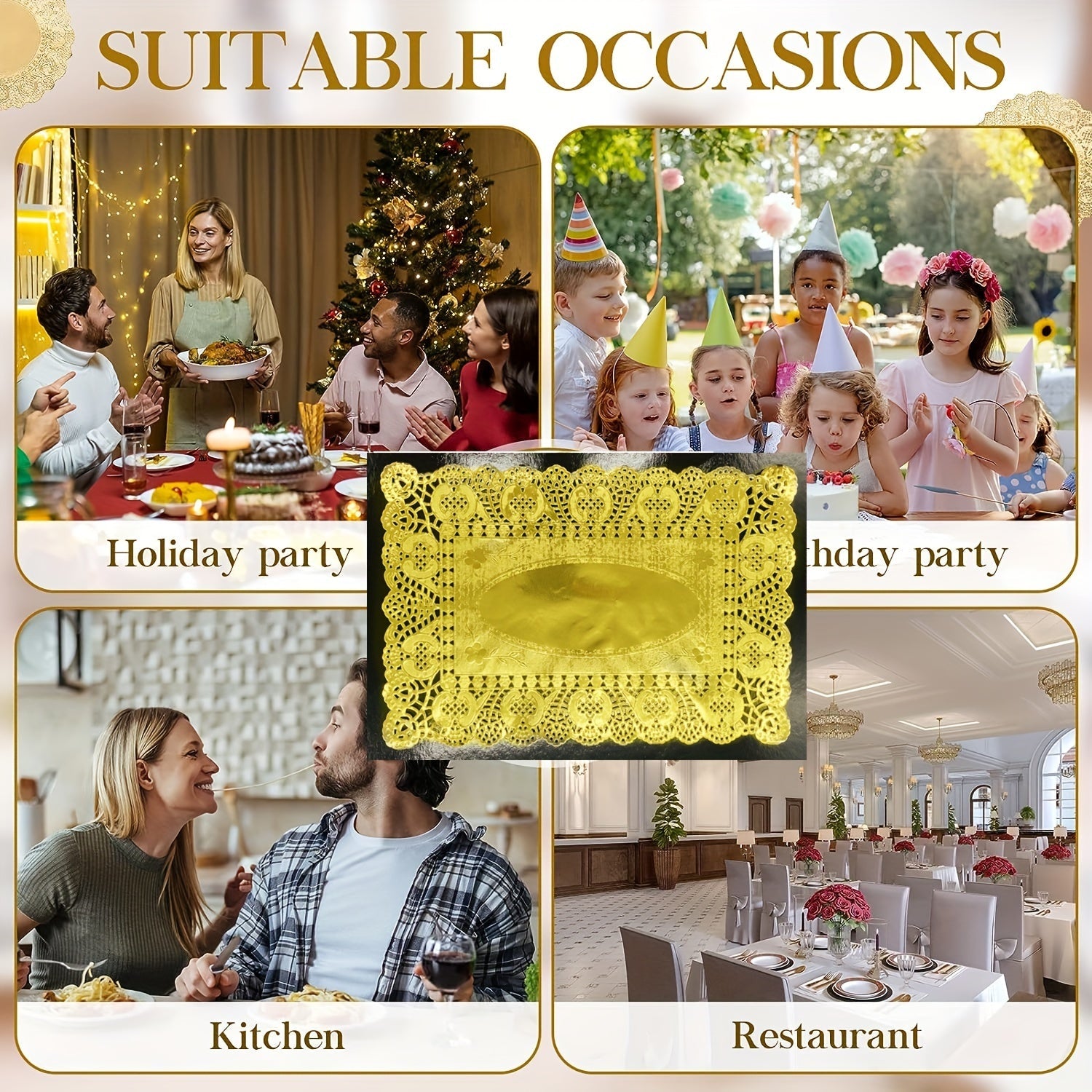 Paquete de 100 manteles individuales rectangulares de papel dorado para postres y fiestas