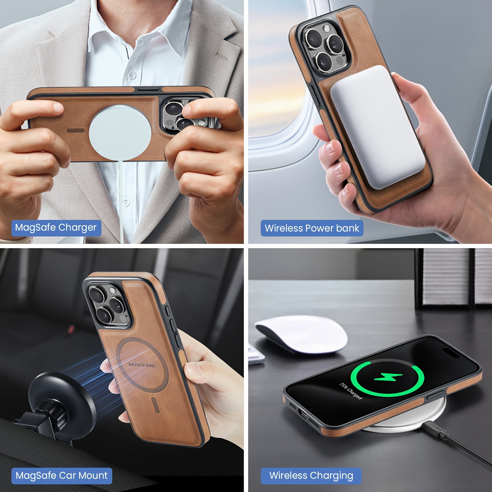 Detachable Faux Leather Phone Case with Magnetic Card Slots Kickstand RFID Blocking for iPhone 12-16 Pro Max Plus