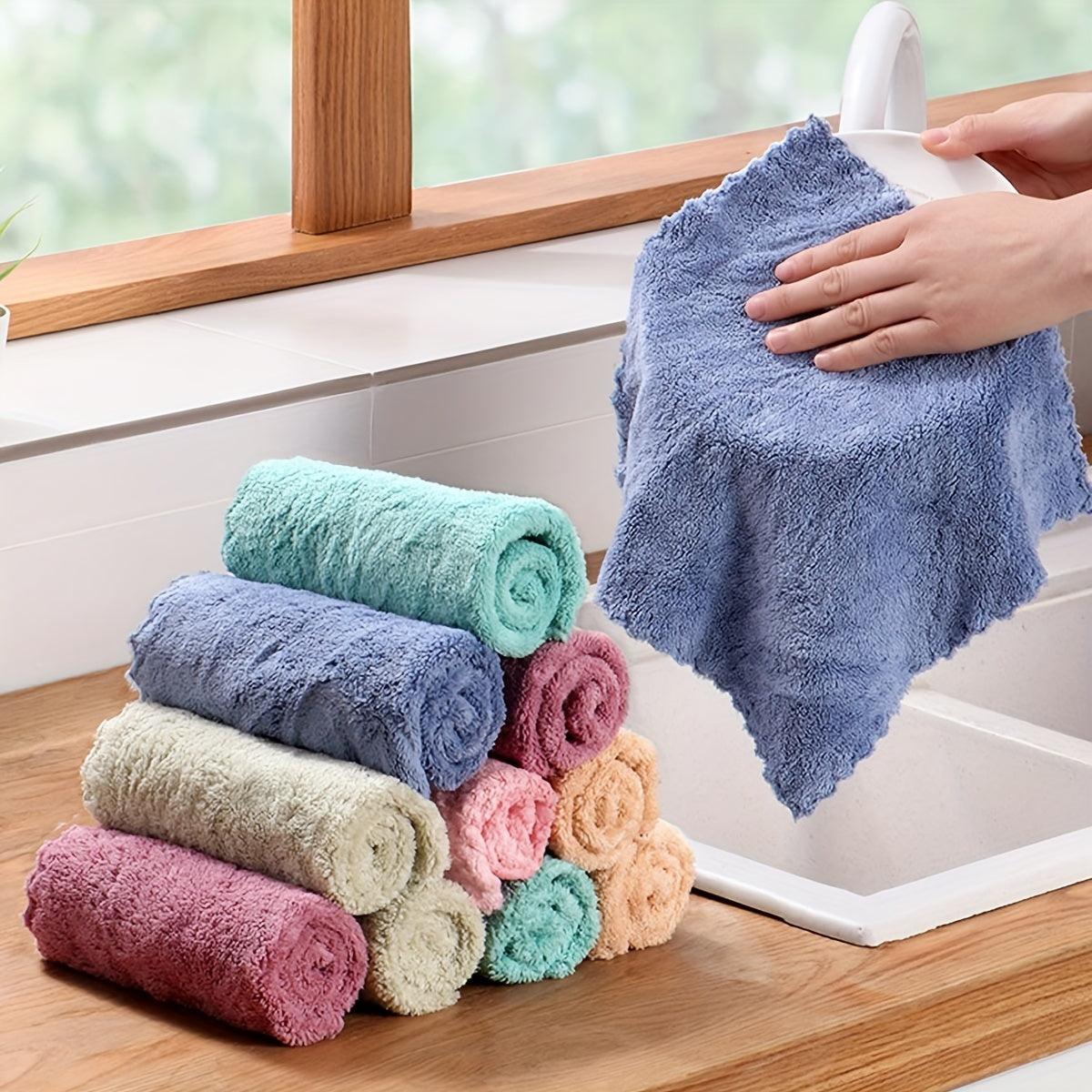 5/10pcs Solid Color Bamboo Fiber Dishcloths Super Absorbent for Household Cleaning