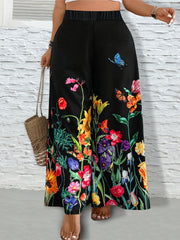 Plus Size Women's Wide-Leg Floral Pants Black Vibrant Print Casual