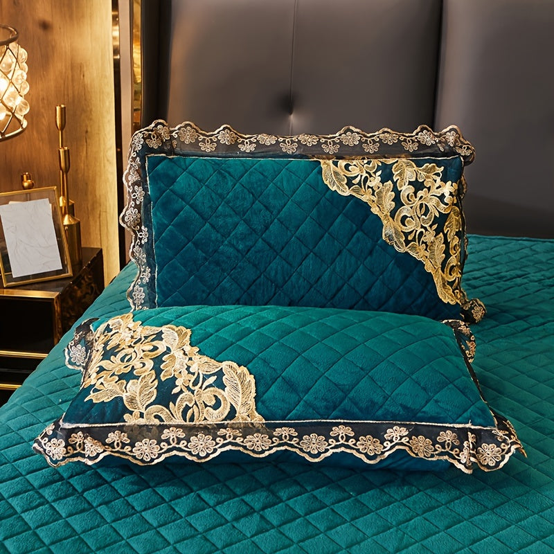 Solid Color Bed Skirt and Pillowcase Set with Lace Detail Quilted Ruffled Design