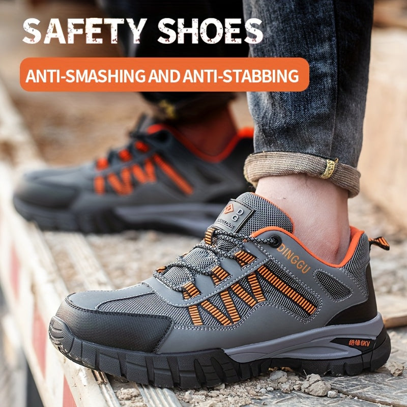 Men's Safety Work Shoes Steel Toe Puncture-Resistant Anti-Skid Breathable Microfiber Gray Orange